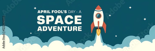 A creative minimalist April Fool's Day poster design with a space theme. There is a large text that says 