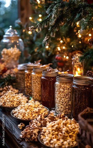 A festive popcorn bar on Popcorn Lover's Day, with jars of different seasonings herb blends, sea salt, and chocolate drizzle and a crowd of excited snackers making their own mixes photo