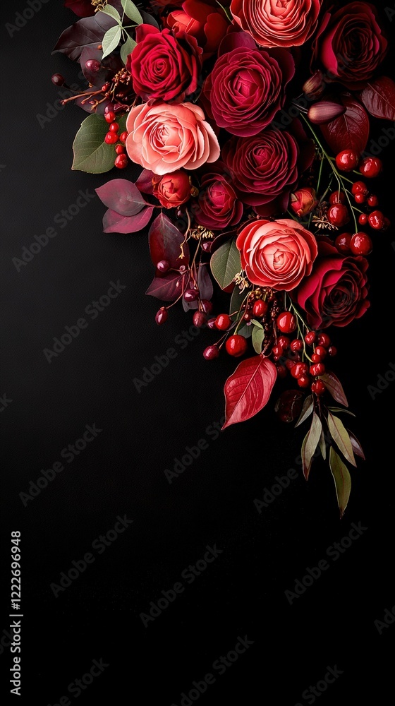 A close-up of flowers with leaves and berries on black backgrounds featuring text spaces A close-up of flowers with leaves and berries on black backgrounds featuring text spaces