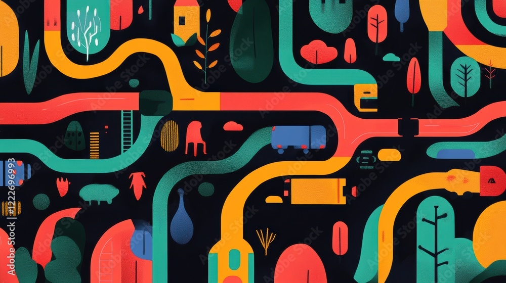 Obraz premium Colorful abstract illustration depicting winding roads, vehicles, trees, and buildings in a vibrant landscape
