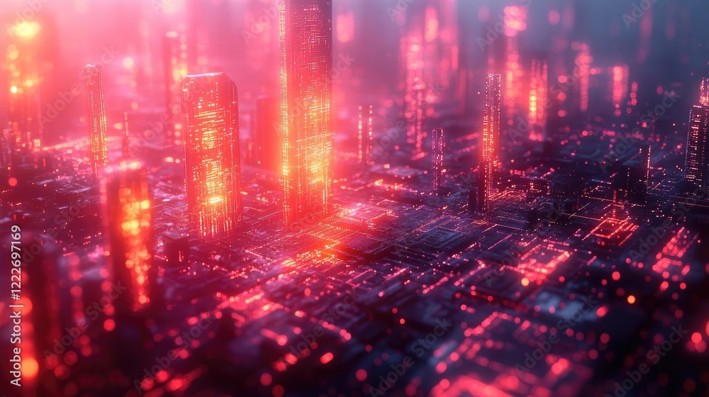 Obraz premium A futuristic digital landscape featuring a three-dimensional cluster of glowing geometric blocks in various colors,