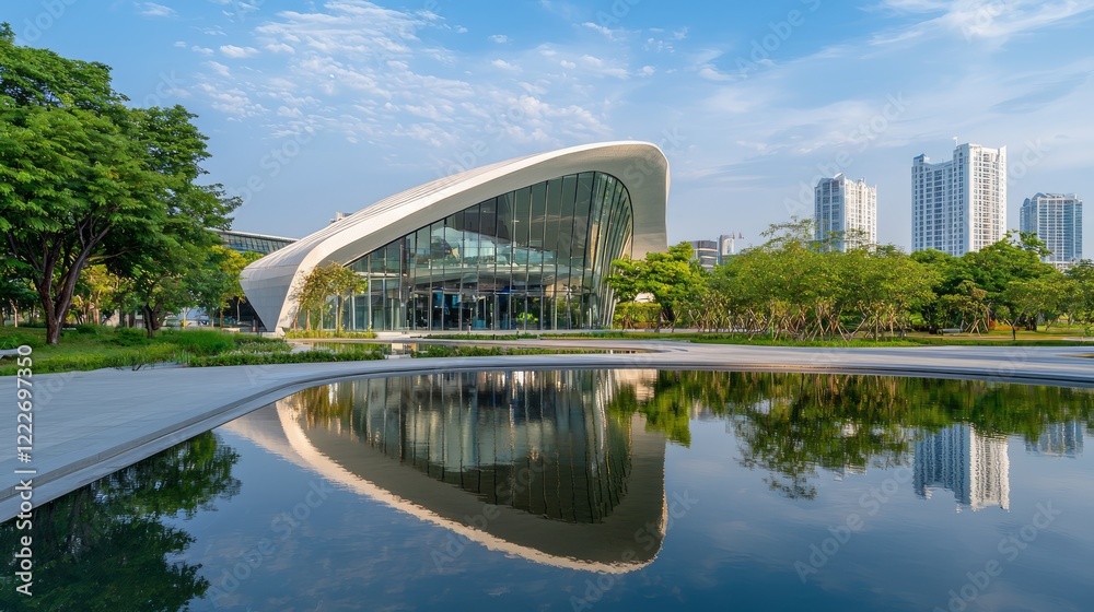 Naklejka premium Modern Civic Building with Stylized Thai Roof in Orchard and Park Setting - Cinematic Architecture Design with Glass Facade Reflection