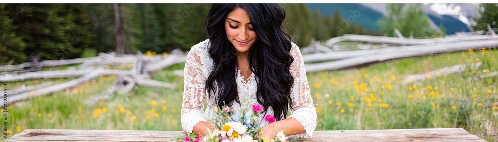 Naklejka premium Woman arranging wildflowers, mountain backdrop