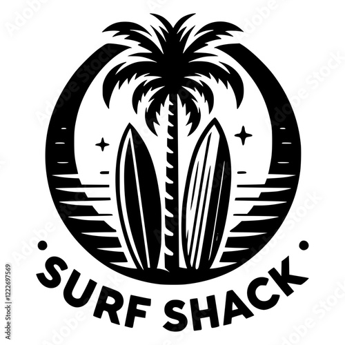 A classic surf shack logo with wooden surfboards leaning against a palm tree
