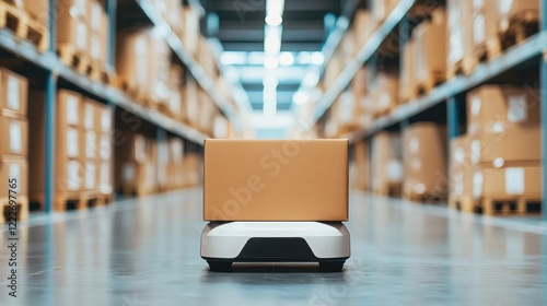 A compact, automated delivery robot transports a cardboard box through a spacious warehouse filled with stacked storage boxes.