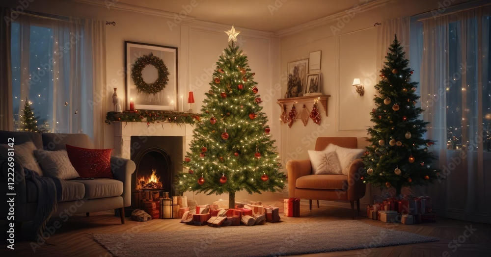 Group of festive lights on a Christmas tree in a cozy living room, cozy living room, warm ambiance, winter wonderland Group of festive lights on a Christmas tree in a cozy living room, cozy living room, warm ambiance, winter wonderland