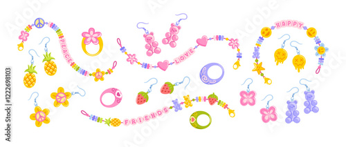 multi-colored DIY jewelry set, including friendship bracelets, playful plastic earrings, and whimsical rings. Designs showcase hippie vibes, emoji motifs, gummy bears, and Y2K aesthetics.