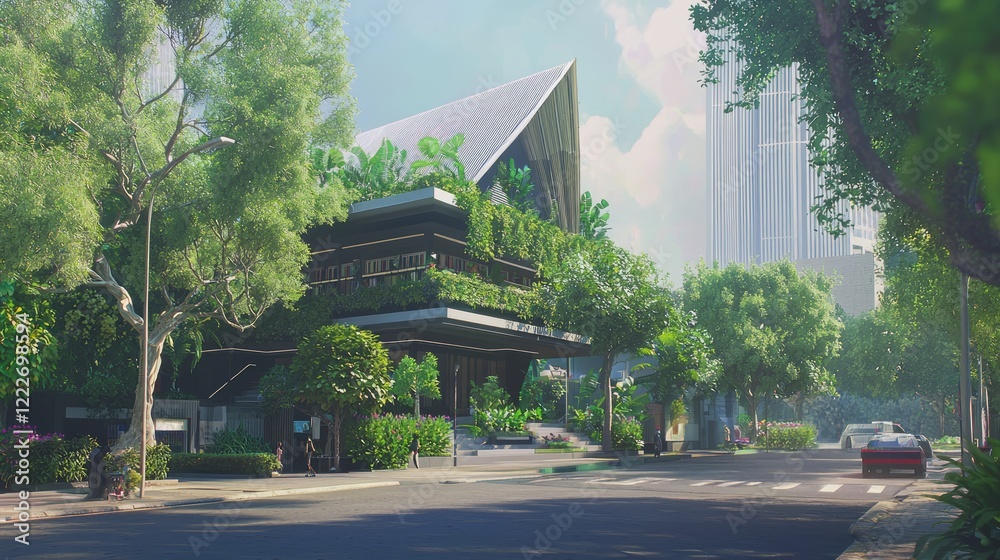 Fototapeta premium Cityscape Fusion: Contemporary Library with Local Flair Amidst Thai-Inspired Streetscape
