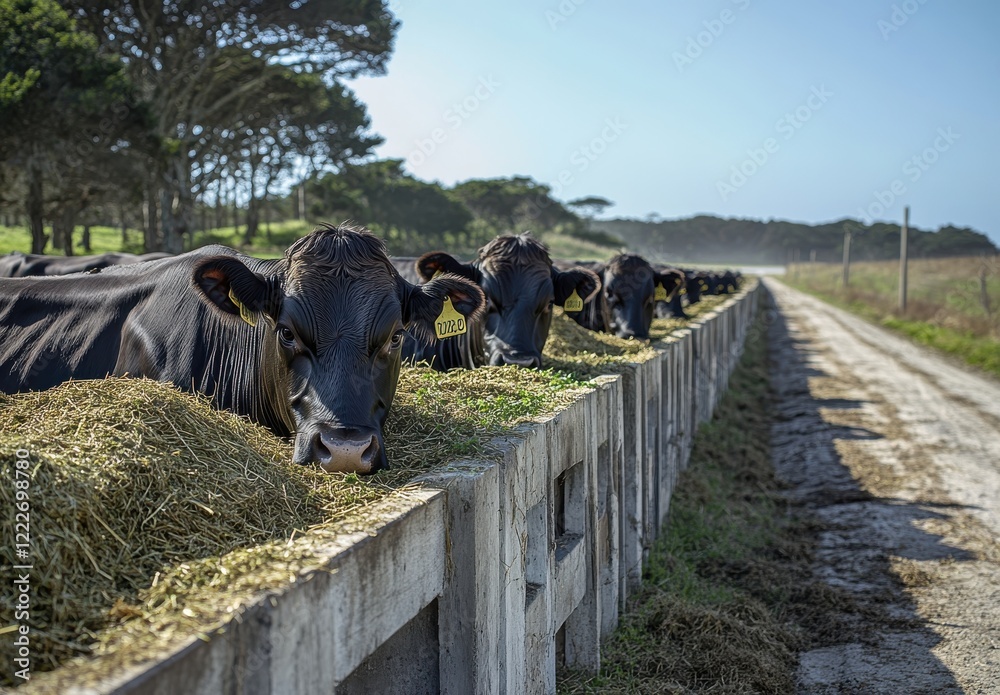 A Herd of Black Cows Grazing on Fresh Grass Alongside a Gravel Road in a Tranquil Rural Landscape Under Clear Blue Skies A Herd of Black Cows Grazing on Fresh Grass Alongside a Gravel Road in a Tranquil Rural Landscape Under Clear Blue Skies