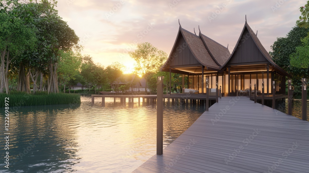 Fototapeta premium Tranquil Sunset at Thai Boathouse with Orchards - Exquisite Triple-Tier Roof and Pier Over Still Waters