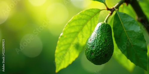 Wallpaper Mural A single avocado ripening on a branch as sunlight filters through the leaf, greenleaf, plantgrowth, fruitdevelopment Torontodigital.ca