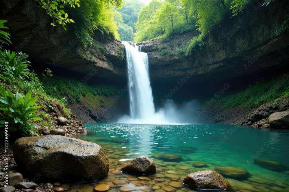 Naklejka premium A waterfall cascades down a rocky slope behind a natural pool in a rainforest clearing, rock, jungle, waterfall