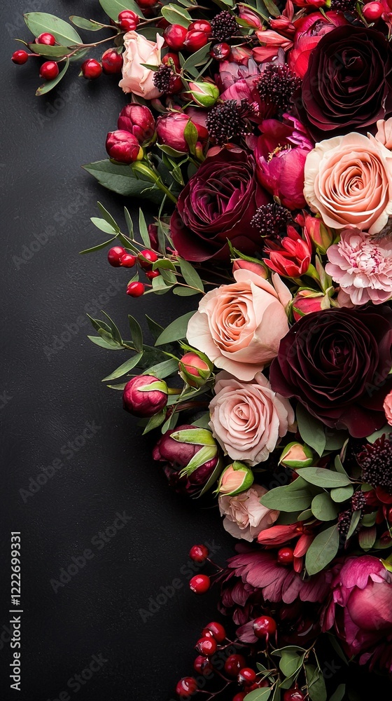 A photo featuring close-up detail of a bouquet of colorful red and pink flowers placed against a dark background A photo featuring close-up detail of a bouquet of colorful red and pink flowers placed against a dark background