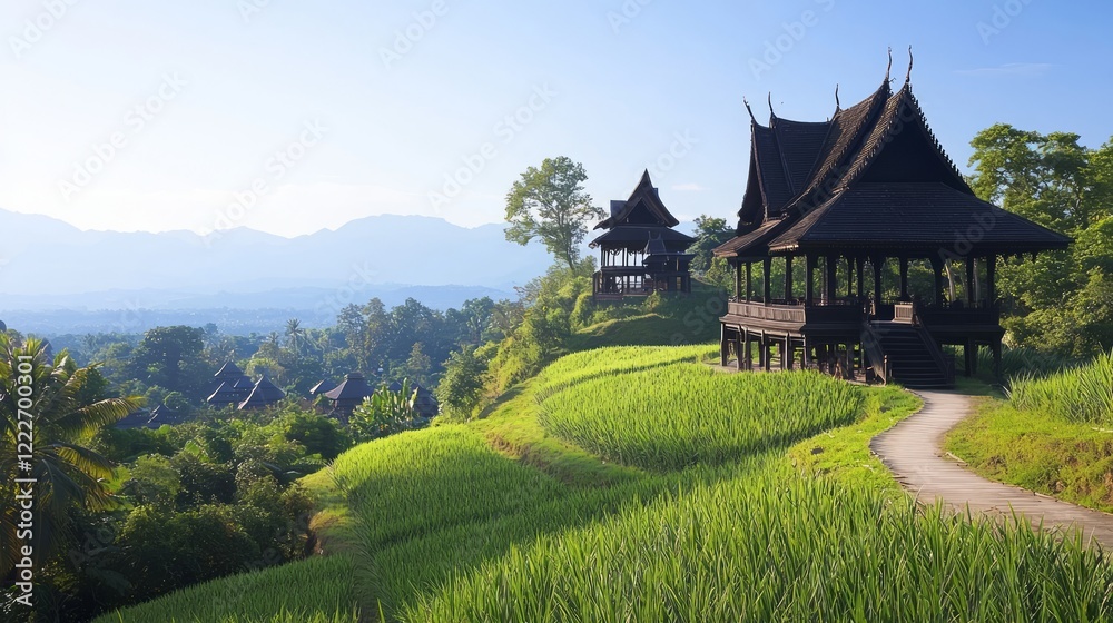 Obraz premium Tranquil Orchard Landscape with Stilted Shrine in Ultra-Detailed Thai Architecture - Cinematic View of Graceful Sloping Roofs on Mound