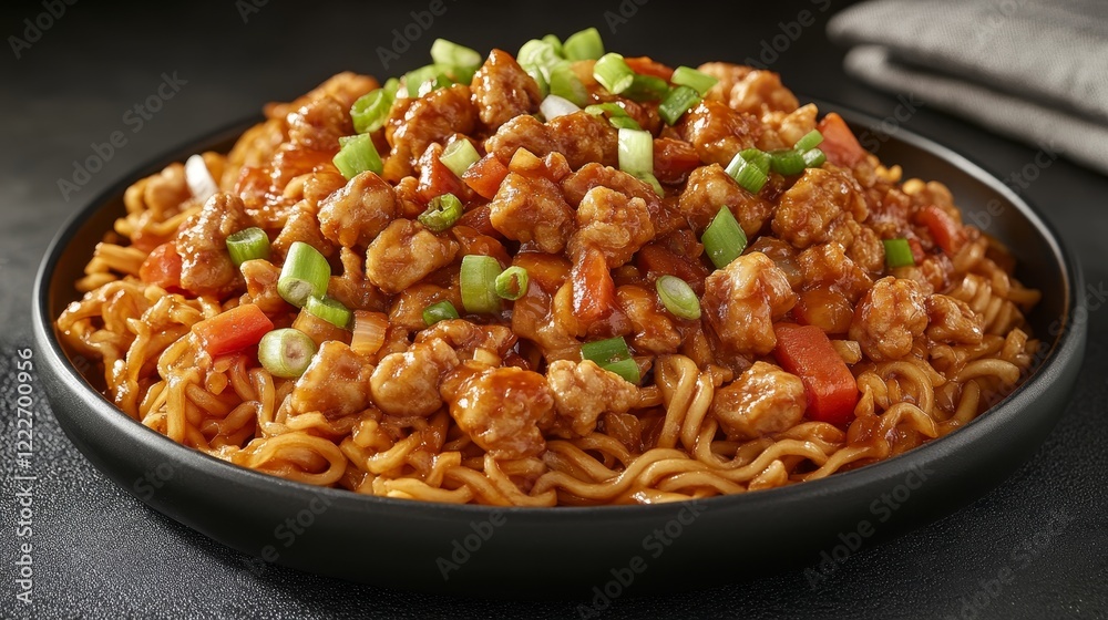 Delicious Chinese Noodles with Vegetables in a Black Bowl on a Dark Background, Highlighting Asian Cuisine and Traditional Culinary Art. Delicious Chinese Noodles with Vegetables in a Black Bowl on a Dark Background, Highlighting Asian Cuisine and Traditional Culinary Art.