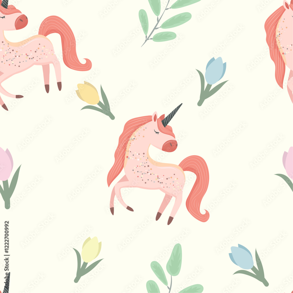 Fototapeta premium cute children's pattern with unicorns and tulips for cards, packaging, textiles in doodle style