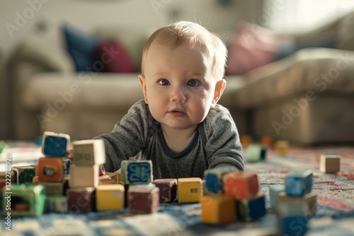 Cute baby boy playing with colorful wooden building blocks, lying on the floor on a carpet in a cozy living room at home