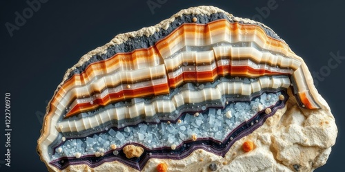 Geological specimen of pegmatite showing distinct crystal layers and mineral composition, igneous rock, petrology photo