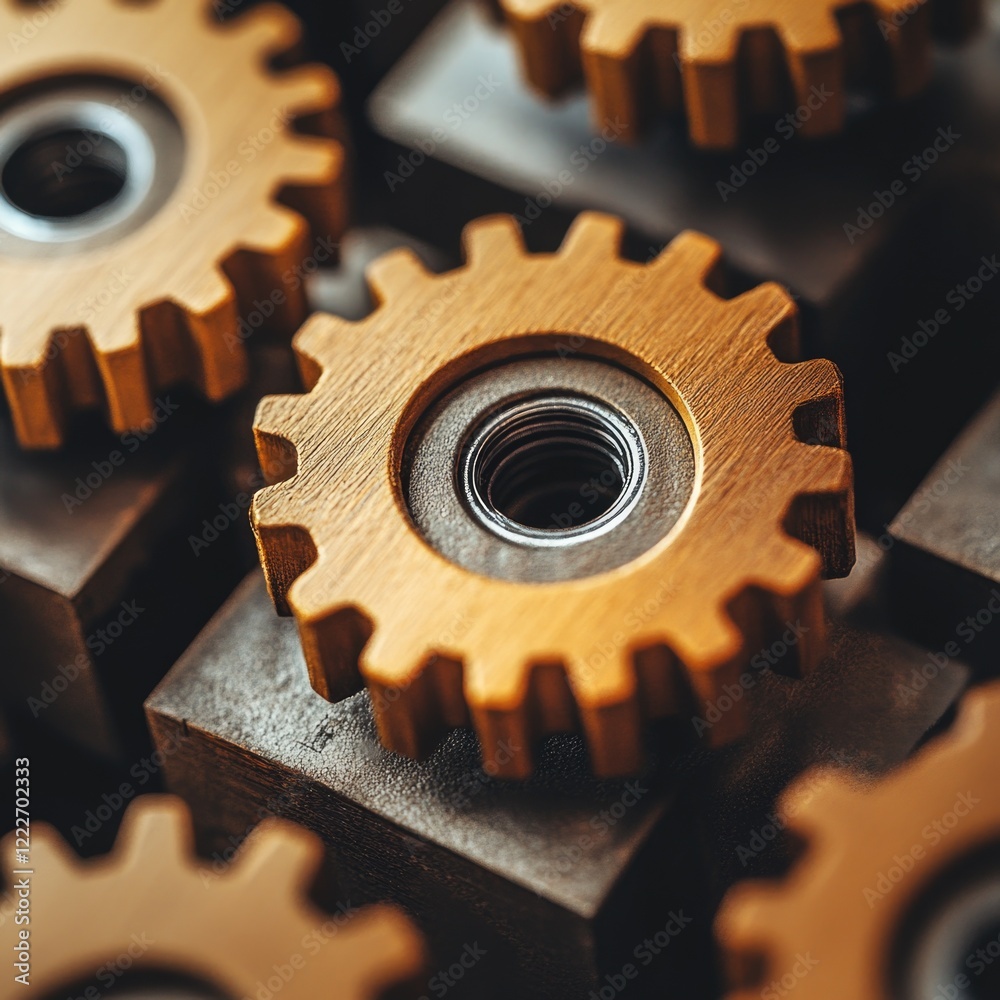 Close-up of intricately designed metallic gears arranged in a pattern highlighting their mechanical beauty Close-up of intricately designed metallic gears arranged in a pattern highlighting their mechanical beauty