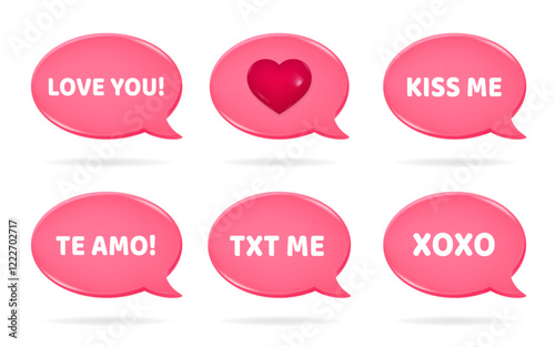 3d icons of pink speech bubbles with Love You quote on it. Kiss me, te amo xoxo and txt me quotes