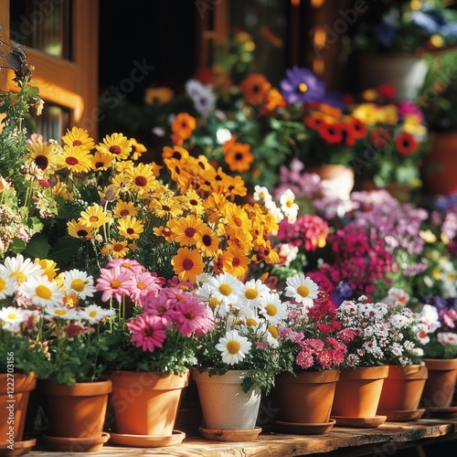 Wallpaper Mural Colorful flowers in pots displayed on a wooden shelf in a garden shop during a sunny day Torontodigital.ca