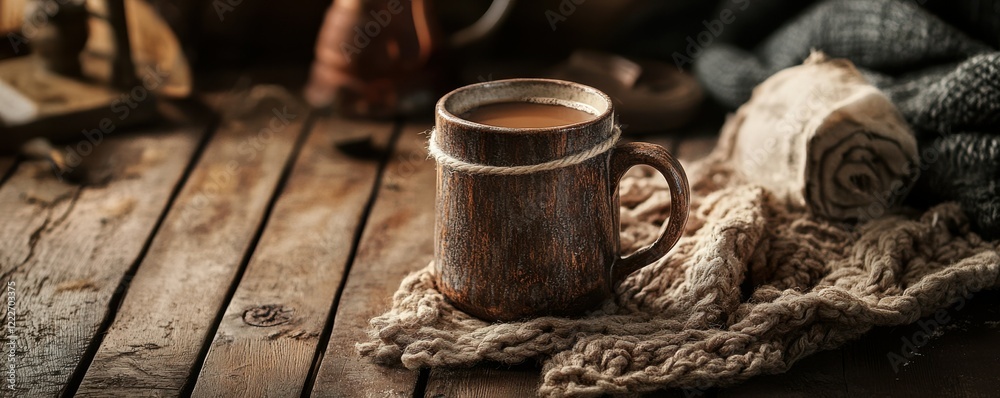 Rustic metal mug with hot beverage on wooden table surrounded by cozy knit blanket Rustic metal mug with hot beverage on wooden table surrounded by cozy knit blanket