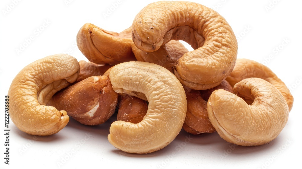 A pile of cashew nuts arranged attractively on a white background. A pile of cashew nuts arranged attractively on a white background.