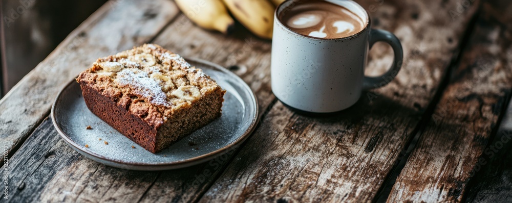 Fototapeta premium Banana bread slice with cappuccino on rustic table