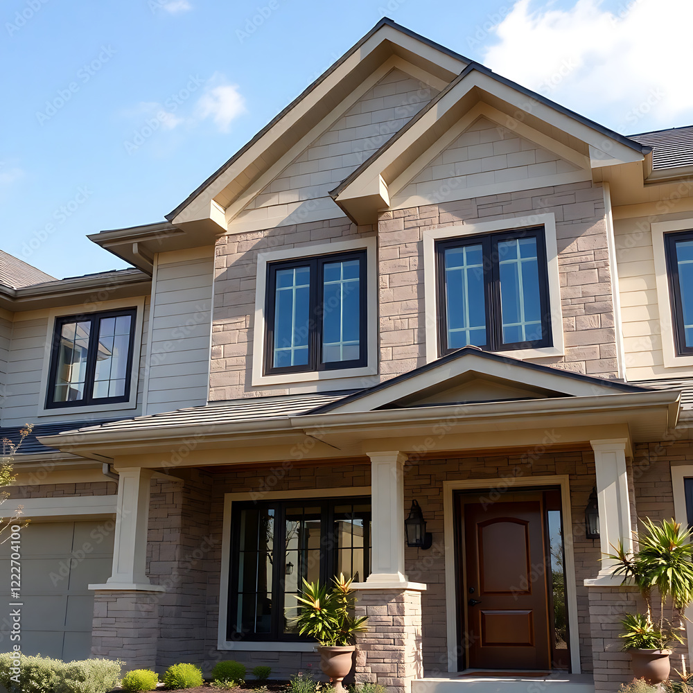 Luxury Home Exterior: Modern Architectural Design, Stone Facade, and Landscaped Entrance Luxury Home Exterior: Modern Architectural Design, Stone Facade, and Landscaped Entrance