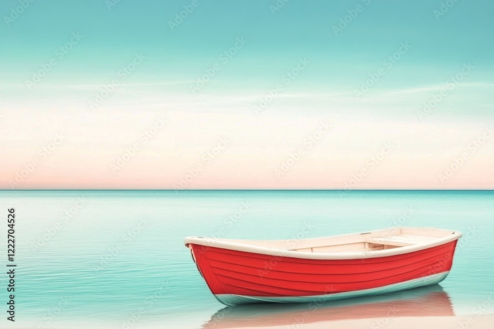 A small boat floating in a blank sea, represented with simple shapes and minimal color gradients to convey a sense of emptiness and isolation A small boat floating in a blank sea, represented with simple shapes and minimal color gradients to convey a sense of emptiness and isolation