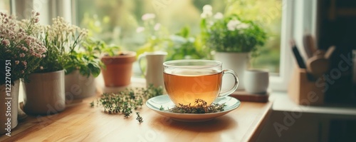 Enjoying a warm cup of tea with herbs in a cozy kitchen during the afternoon