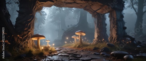 Glowing mushrooms under the misty stone gateway, mushrooms, forest, glowing fungi photo