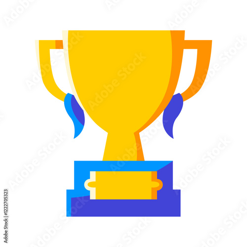 Golden trophy icon with blue and orange accents on a white background.