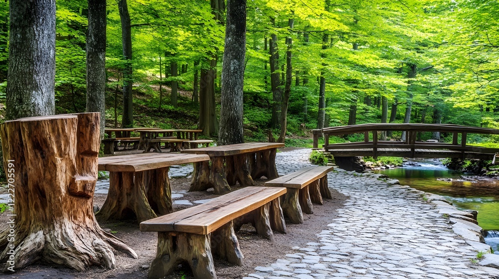 Rustic Wooden Picnic Tables by Stream in Lush Forest Rustic Wooden Picnic Tables by Stream in Lush Forest