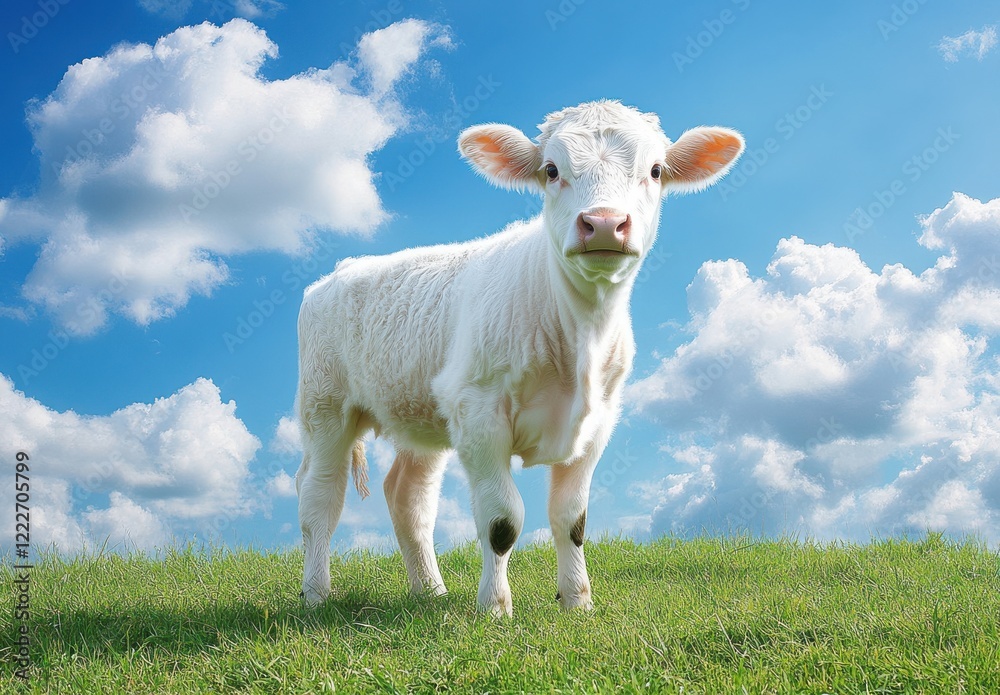 A Young White Calf Standing in a Green Field Under a Bright Blue Sky with Fluffy Clouds, Showcasing Nature's Beauty and Livestock Farming, Ideal for Agriculture Themes A Young White Calf Standing in a Green Field Under a Bright Blue Sky with Fluffy Clouds, Showcasing Nature's Beauty and Livestock Farming, Ideal for Agriculture Themes