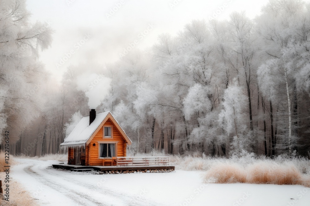 A small cabin in the woods, surrounded by snow-covered trees, with a single plume of smoke rising from the chimney A small cabin in the woods, surrounded by snow-covered trees, with a single plume of smoke rising from the chimney