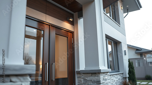 Modern House Exterior: Contemporary Home Design with Stone Accents and Glass Doors