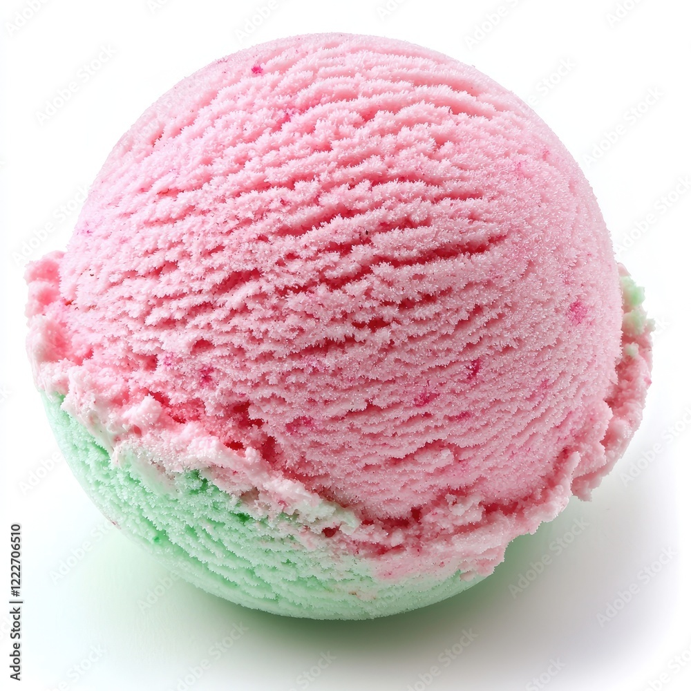 Pink and mint ice cream scoop, dessert, white background, summer treat, food photography Pink and mint ice cream scoop, dessert, white background, summer treat, food photography