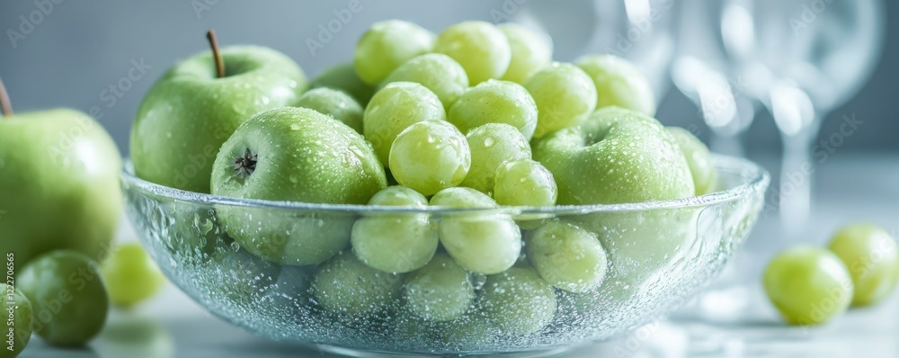 Fresh green apples and grapes in a glass bowl with water droplets