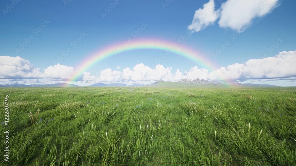 Vibrant Rainbow Arching Over Lush Green Field Under Bright Blue Sky with Fluffy Clouds in a Scenic Landscape Vibrant Rainbow Arching Over Lush Green Field Under Bright Blue Sky with Fluffy Clouds in a Scenic Landscape