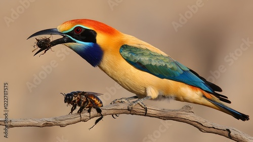 Vibrant Golden-breasted Starling Bird Eating Insect on Branch photo