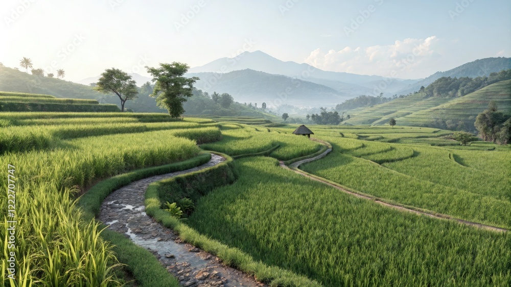 Fototapeta premium Green and lush rice paddies with a winding path, , rural scenery