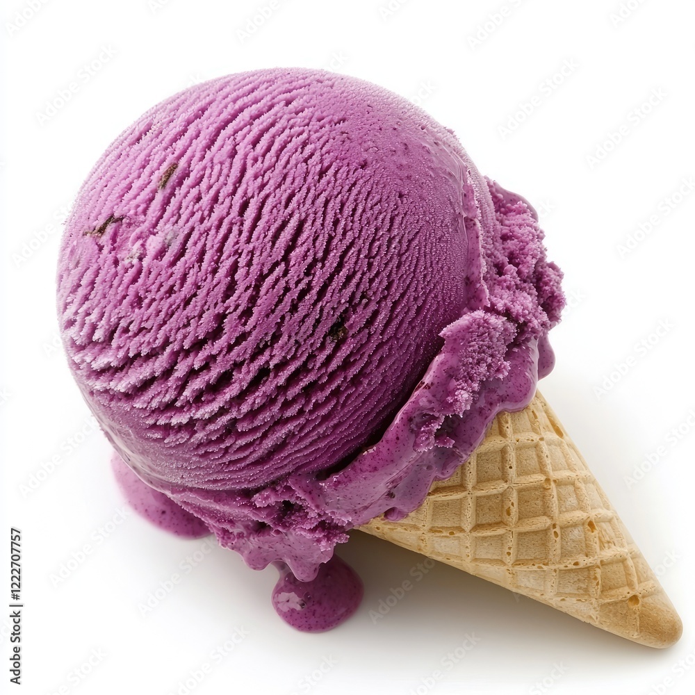 Purple ice cream scoop melting on cone, white background; dessert menu