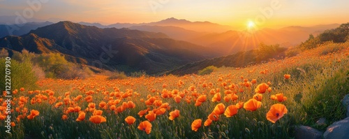 Golden sunset over california poppy fields and mountain range