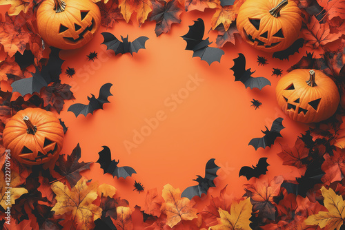 A vibrant Halloween themed scene with bright orange pumpkins and carved jack-o-lanterns on the side.