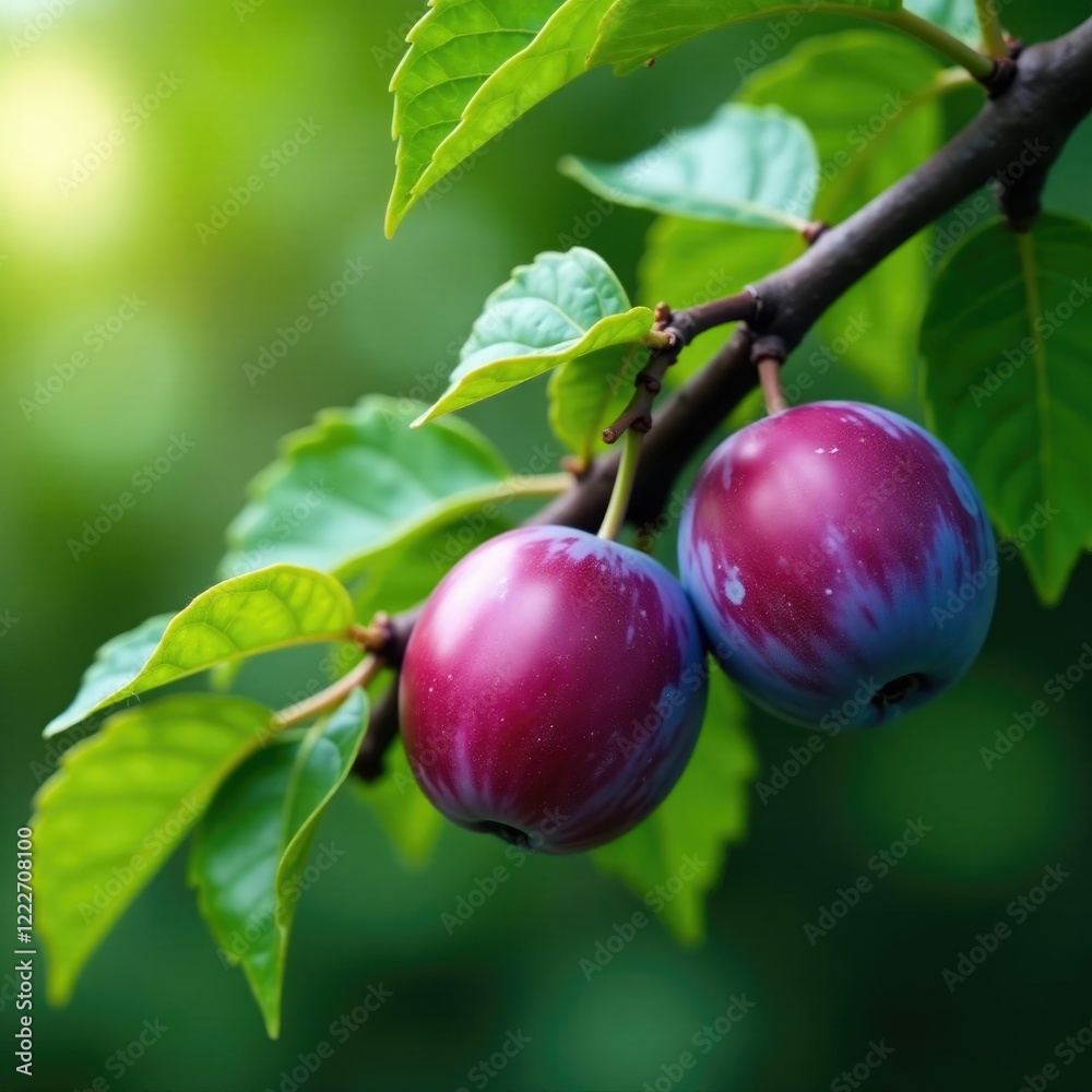 Green leaves and purple plums on a tree branch, tree, leafy Green leaves and purple plums on a tree branch, tree, leafy