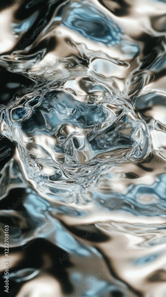 Iridescent water ripples reflecting fragments of light, a dreamy cascade of abstract liquid movement, gradients of silver and blue Iridescent water ripples reflecting fragments of light, a dreamy cascade of abstract liquid movement, gradients of silver and blue