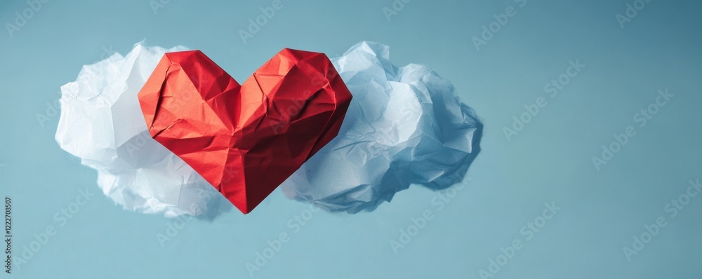 Naklejka premium Origami red heart and clouds against blue sky background