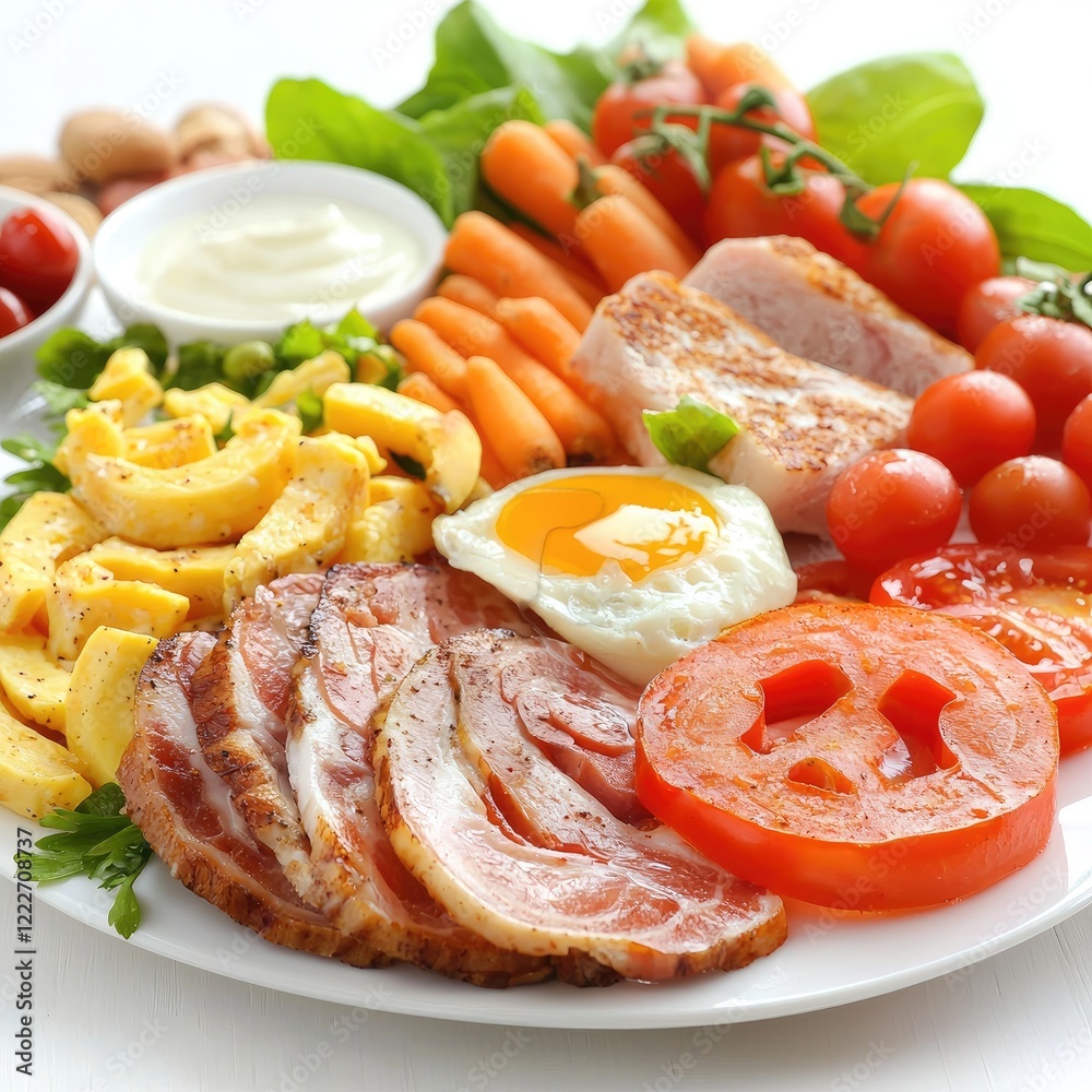 Healthy breakfast plate eggs, bacon, veggies Healthy breakfast plate eggs, bacon, veggies