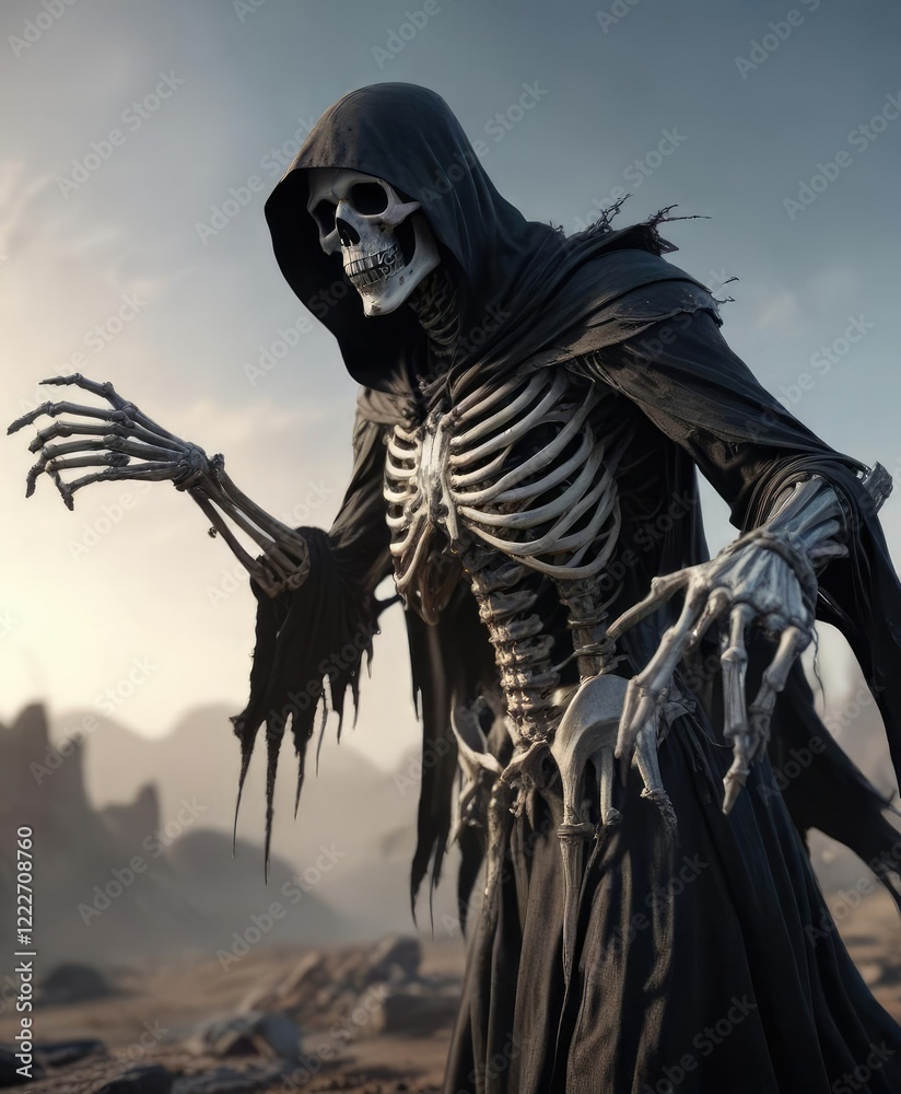 Fototapeta premium Grim reaper extending skeletal hand into the distance, grim, macabre, skeletal, harvester
